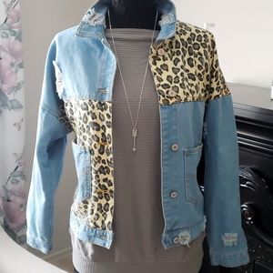 Distressed leopard jean jacket
